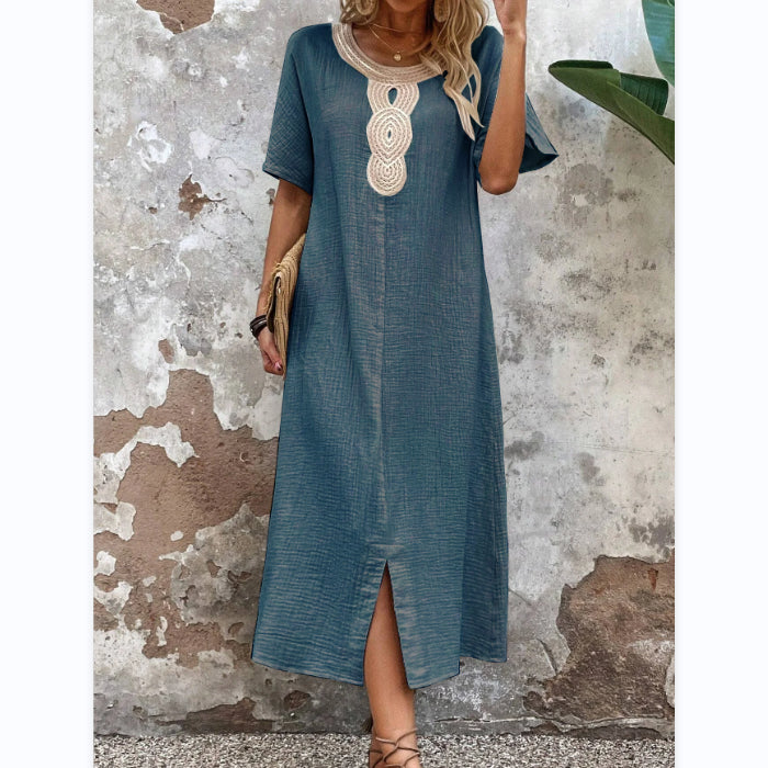 🌸🌸【S-3XL】Rochie brodata la gât rotund din bumbac si in de culoare uni