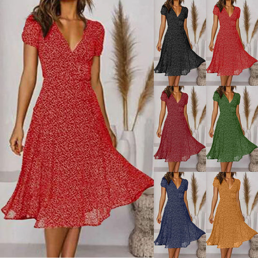 👗 Rochie nouă la modă pentru femei, cu buline, decolteu în V și mâneci scurte, rochie din șifon cu buline.