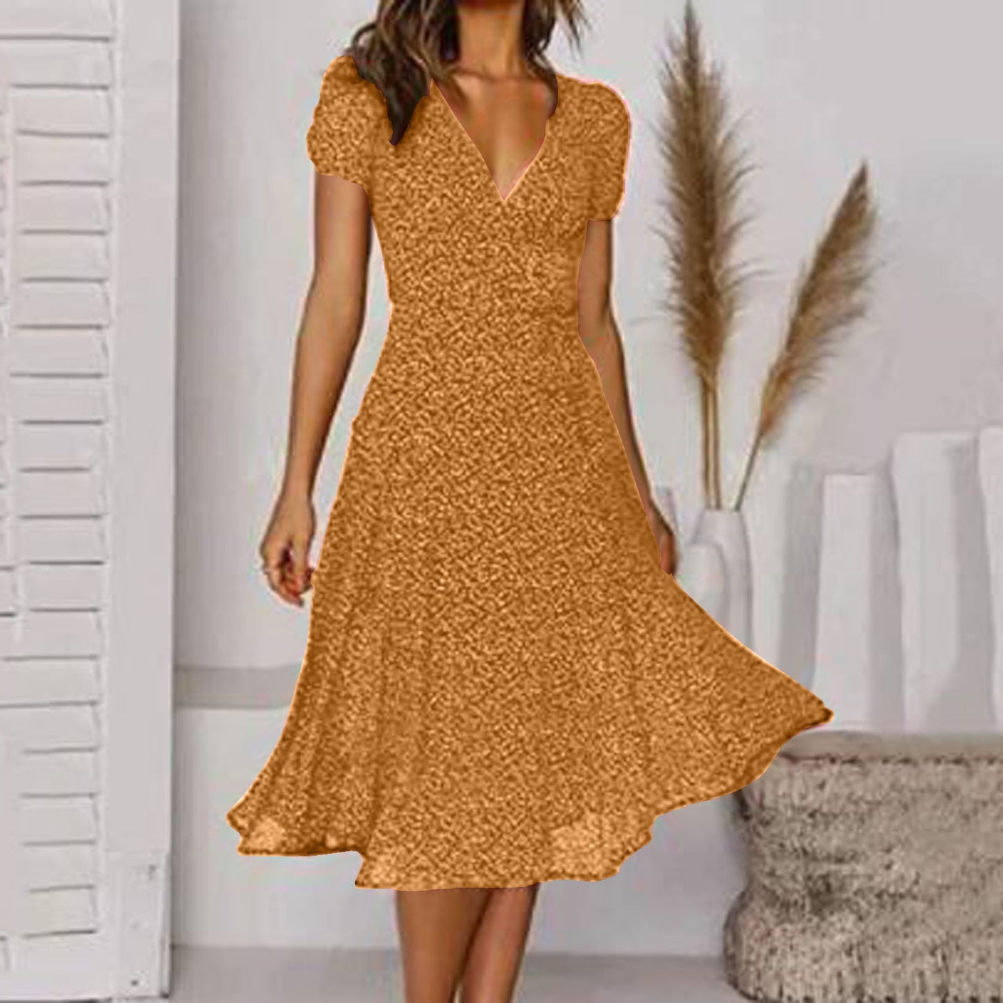 👗 Rochie nouă la modă pentru femei, cu buline, decolteu în V și mâneci scurte, rochie din șifon cu buline.
