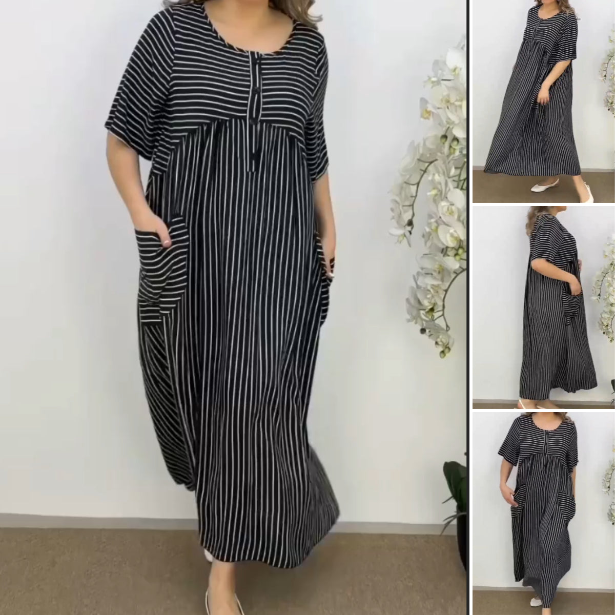 🌸🌸【S-5XL】Rochie de vară nouă, la modă, lejeră și confortabilă, cu dungi de mărime mare, 2025