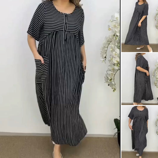 🌸🌸【S-5XL】Rochie de vară nouă, la modă, lejeră și confortabilă, cu dungi de mărime mare, 2025