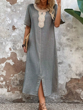 🌸🌸【S-3XL】Rochie brodata la gât rotund din bumbac si in de culoare uni