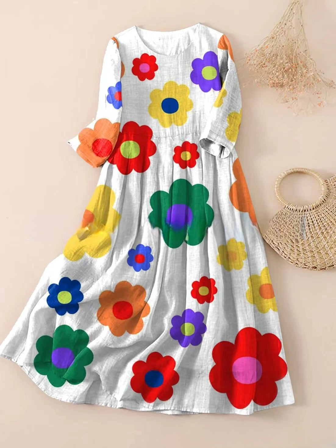 【S-3XL】🌼2024 noua rochie plisata cu imprimeu floral cu gat rotund🌸