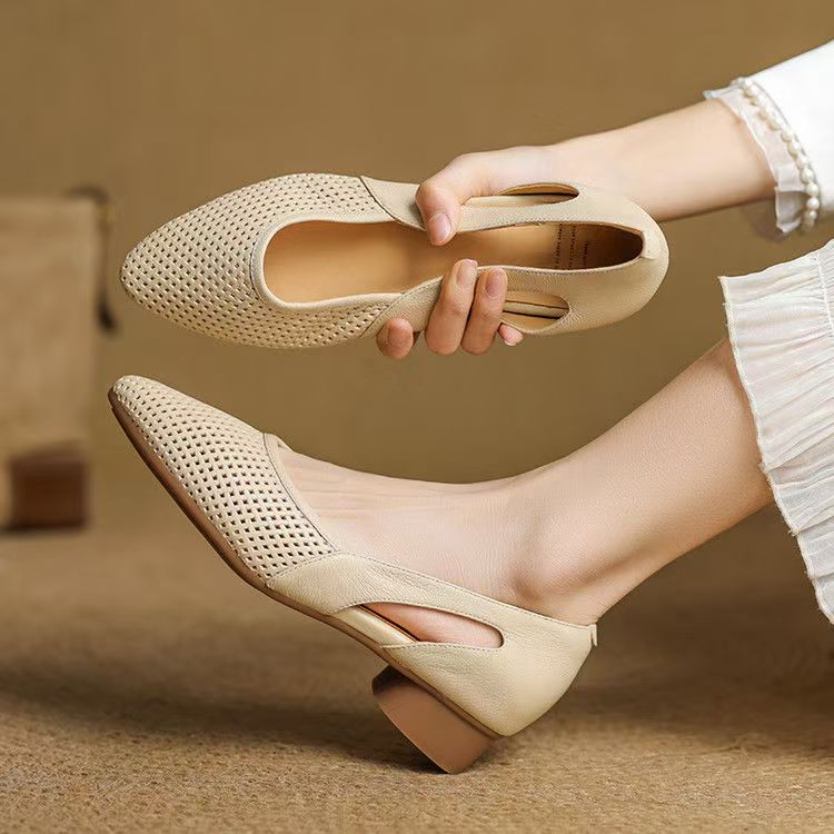 🌷🥿【35-40】Pantofi cu toc jos, din piele de vacă, cu talpă goală, antiderapantă și moale