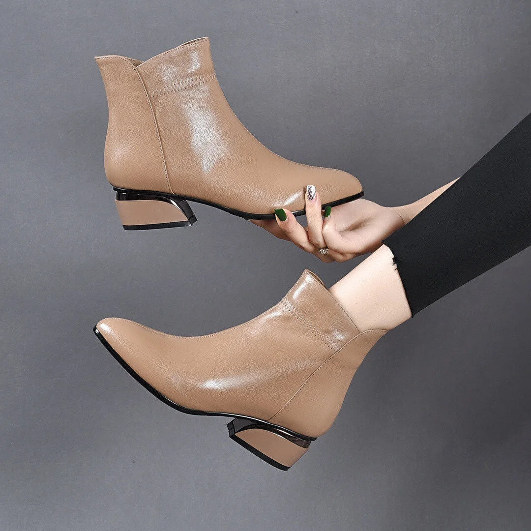 👠✨ Botine noi din piele cu toc mijlociu cu fermoar lateral