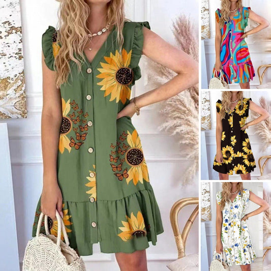 💥Reducere 49%💥【S-2XL】Rochie cu volane cu imprimeu abstract