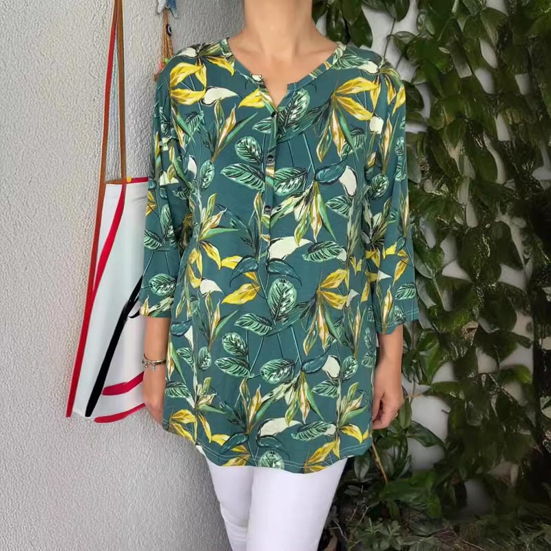 🔥2025 Tricou cu decolteu în V cu nasturi imprimate casual pentru damă