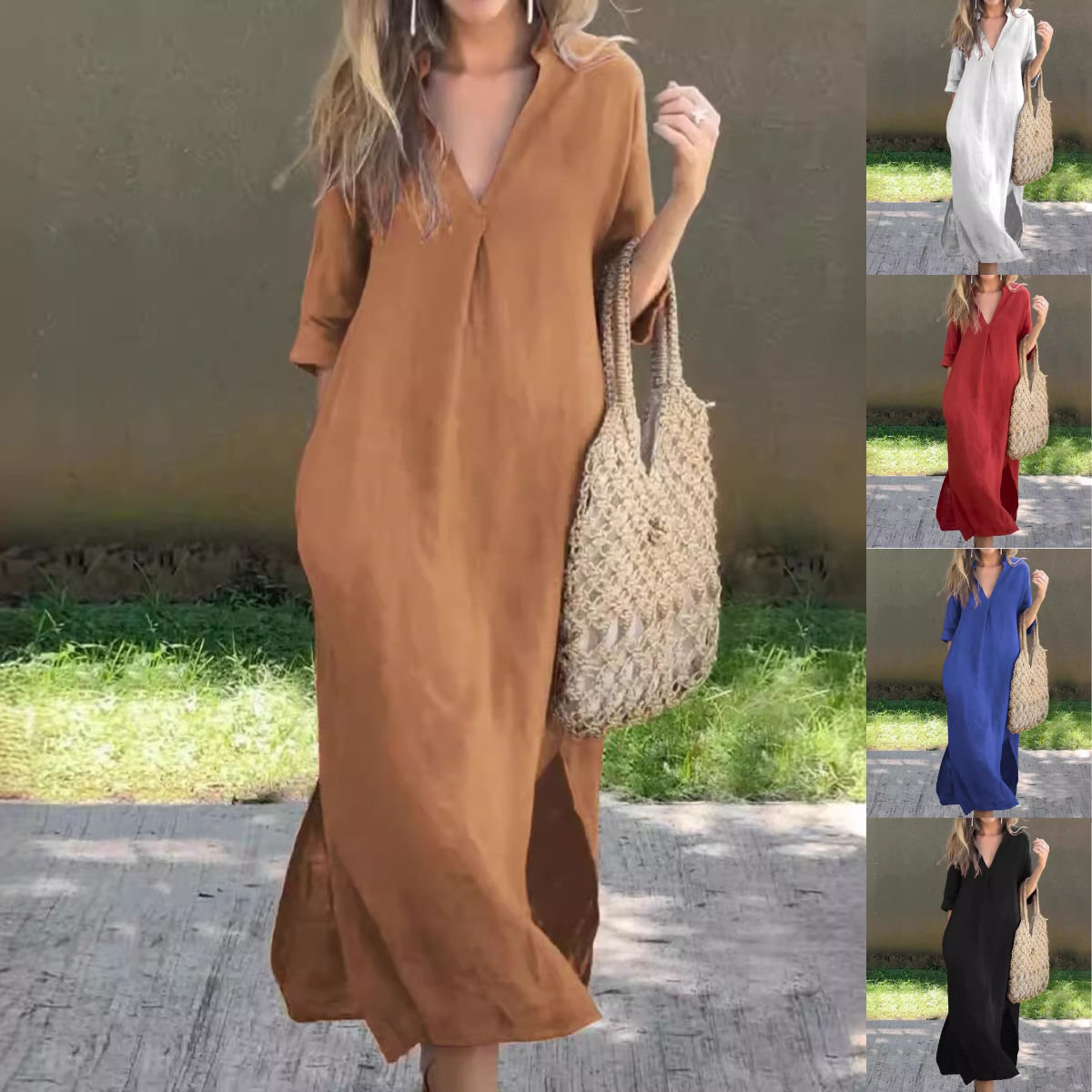 👗【S–3XL】Rochie nouă pentru femei, mărimi mari, lungă, din bumbac și in, cu decolteu în V și deschizături laterale.