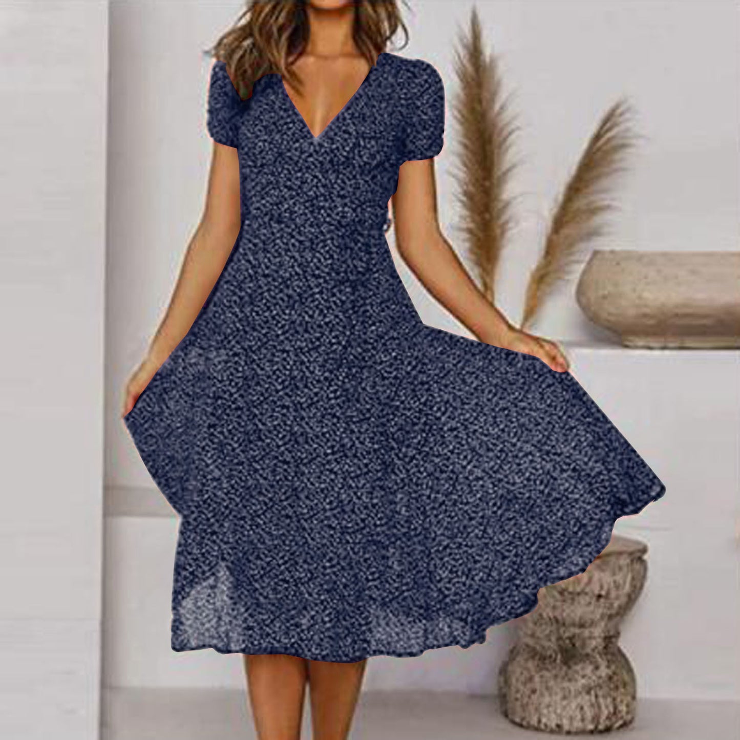 👗 Rochie nouă la modă pentru femei, cu buline, decolteu în V și mâneci scurte, rochie din șifon cu buline.