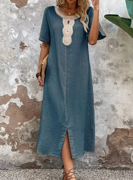 🌸🌸【S-3XL】Rochie brodata la gât rotund din bumbac si in de culoare uni