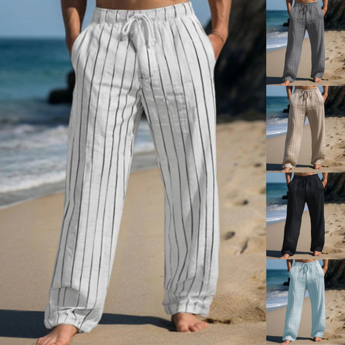 ✨👖【M–3XL】 Pantaloni bărbătești noi din in, cu dungi și croială dreaptă, mărimi mari, cu talie elastică și șnur