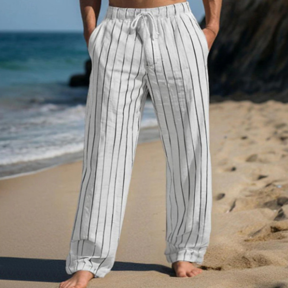 ✨👖【M–3XL】 Pantaloni bărbătești noi din in, cu dungi și croială dreaptă, mărimi mari, cu talie elastică și șnur