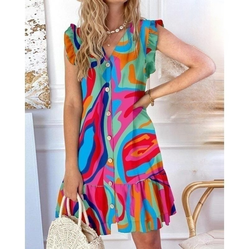 💥Reducere 49%💥【S-2XL】Rochie cu volane cu imprimeu abstract