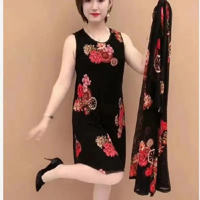 👗【M-4XL】Haine noi de vară pentru doamne de vârstă mijlocie, rochii din două piese.(Rochie + Jachetă)