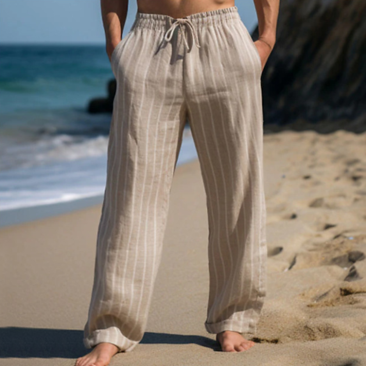 ✨👖【M–3XL】 Pantaloni bărbătești noi din in, cu dungi și croială dreaptă, mărimi mari, cu talie elastică și șnur