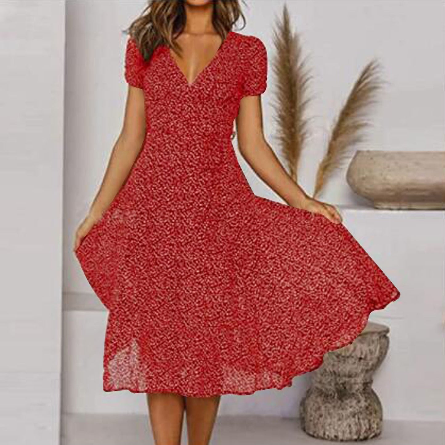 👗 Rochie nouă la modă pentru femei, cu buline, decolteu în V și mâneci scurte, rochie din șifon cu buline.