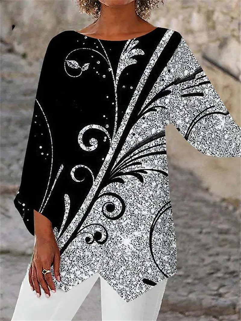 🌷😘 Podzimně-zimní základní tričko s dlouhým rukávem, kulatý výstřih, geometrický vzor. 🛍️