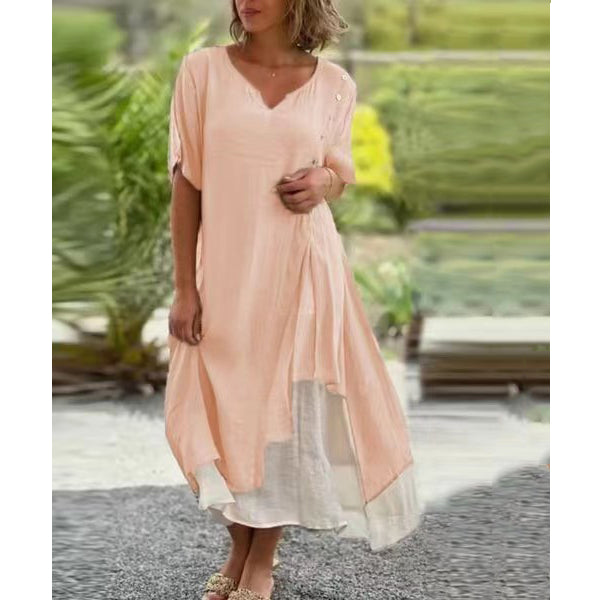 🎉【S-4XL】Rochie de vară cu fustă neregulată și decolteu în V, model fals din două piese.