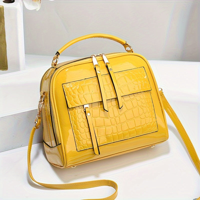 【Cumpărați 1 obțineți 1】Geantă de mână elegantă din piele lacuită cu model crocodil, stil retro, geantă de umăr pătrată vintage, crossbody din piele artificială cu curea reglabilă pentru femei