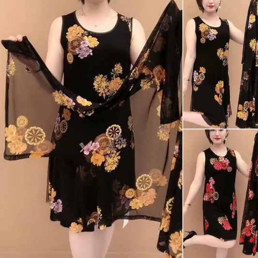 👗【M-4XL】Haine noi de vară pentru doamne de vârstă mijlocie, rochii din două piese.(Rochie + Jachetă)
