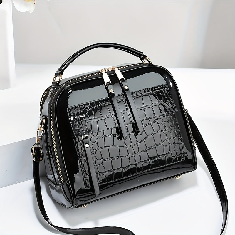 【Cumpărați 1 obțineți 1】Geantă de mână elegantă din piele lacuită cu model crocodil, stil retro, geantă de umăr pătrată vintage, crossbody din piele artificială cu curea reglabilă pentru femei