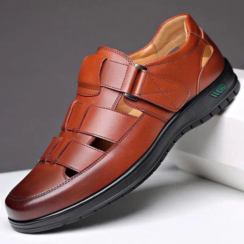 👞👍【38-44】2025 Poletni moški sandali iz kravje kože, zračni, votli, nedrseči, prosti čas.