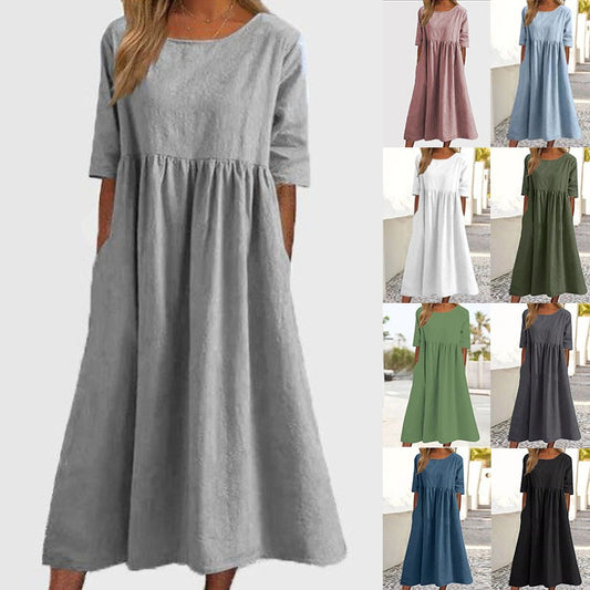 ✨👗【S-5XL】Nova ohlapna dolga enobarvna obleka z okroglim izrezom