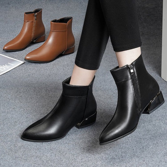 👠✨ Botine noi din piele cu toc mijlociu cu fermoar lateral