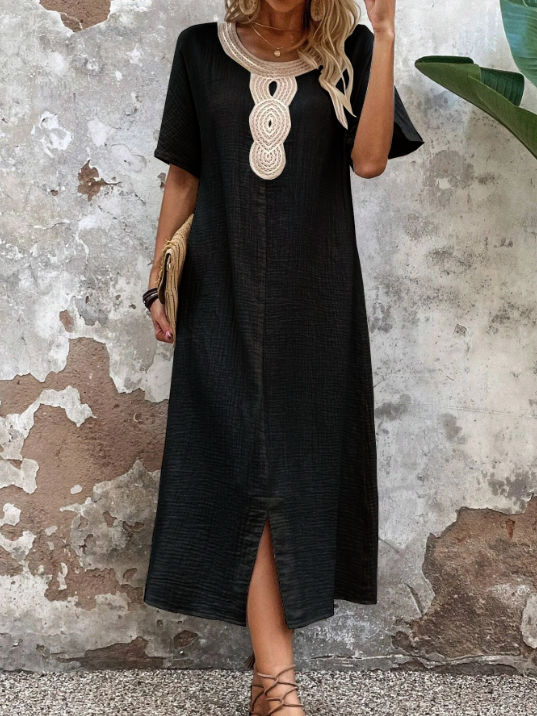 🌸🌸【S-3XL】Rochie brodata la gât rotund din bumbac si in de culoare uni