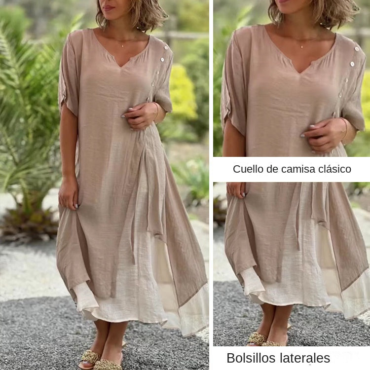 🎉【S-4XL】Rochie de vară cu fustă neregulată și decolteu în V, model fals din două piese.