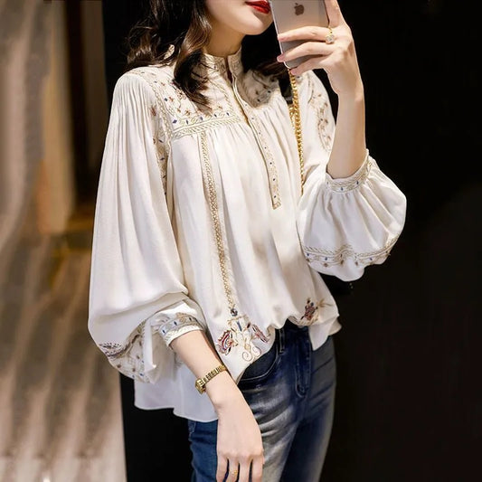 🌼 Cămașă cu imprimeu la modă, Stil nou cu guler în picioare boem, largi.